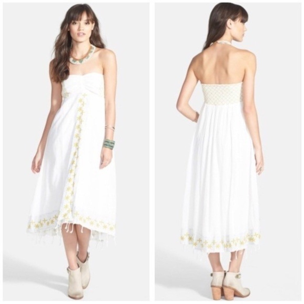 Free People Star of India Embroidered Strapless Midi Dress Ivory Gold Size M NEW